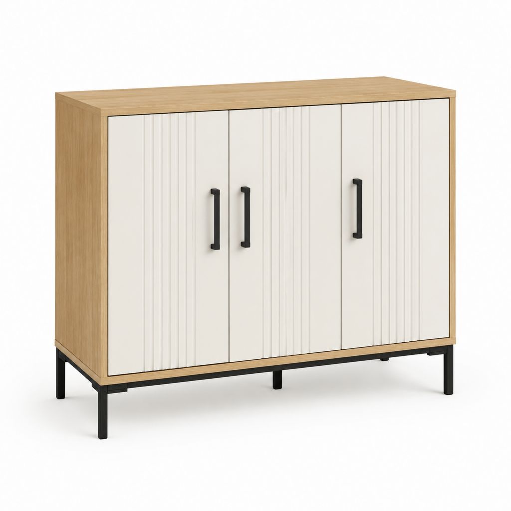 Credenza rettangolare a 3 ante in MDF e truciolare melaminico, rovere naturale, bianco e nero, 120 ¡Á 40 ¡Á 95 cm