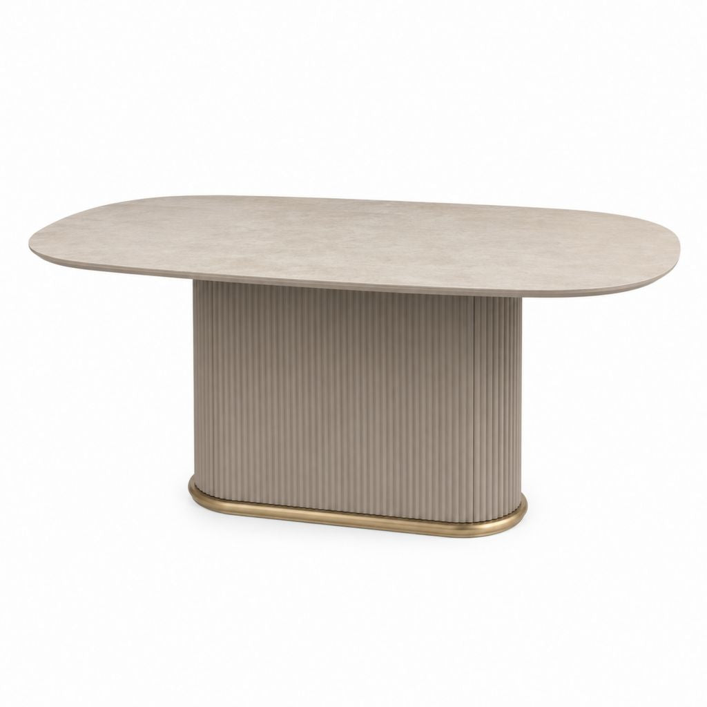 Tavolo da pranzo ovale in MDF laminato effetto pietra, base scanalata beige e ottone, 180 ¡Á 90 ¡Á 76 cm