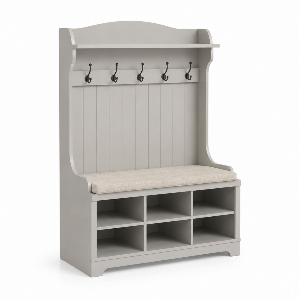 Appendiabiti da ingresso con panca e scarpiera in MDF, 5 ganci doppi e 6 vani, grigio tortora, 100 ¡Á 40 ¡Á 175 cm