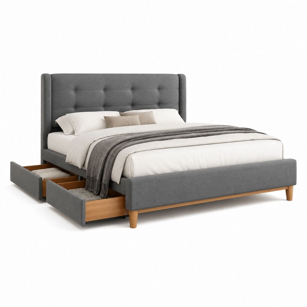 Letto matrimoniale imbottito grigio con testiera capitonn¨¦, rete a doghe e 2 cassetti, 174 x 218 x 118 cm, materasso 160 x 200 cm