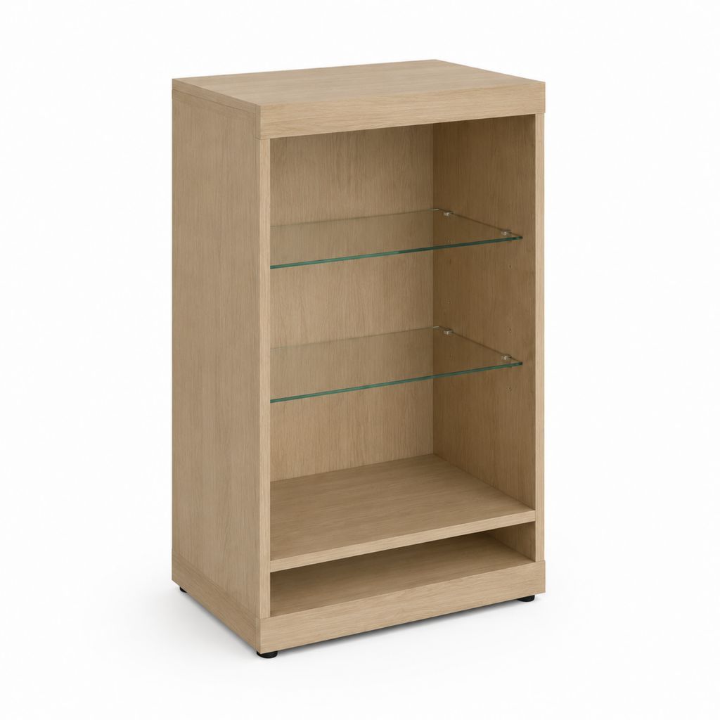 Credenza aperta rettangolare in pannello truciolare melaminico e vetro temperato, rovere chiaro, 70 x 35 x 110 cm