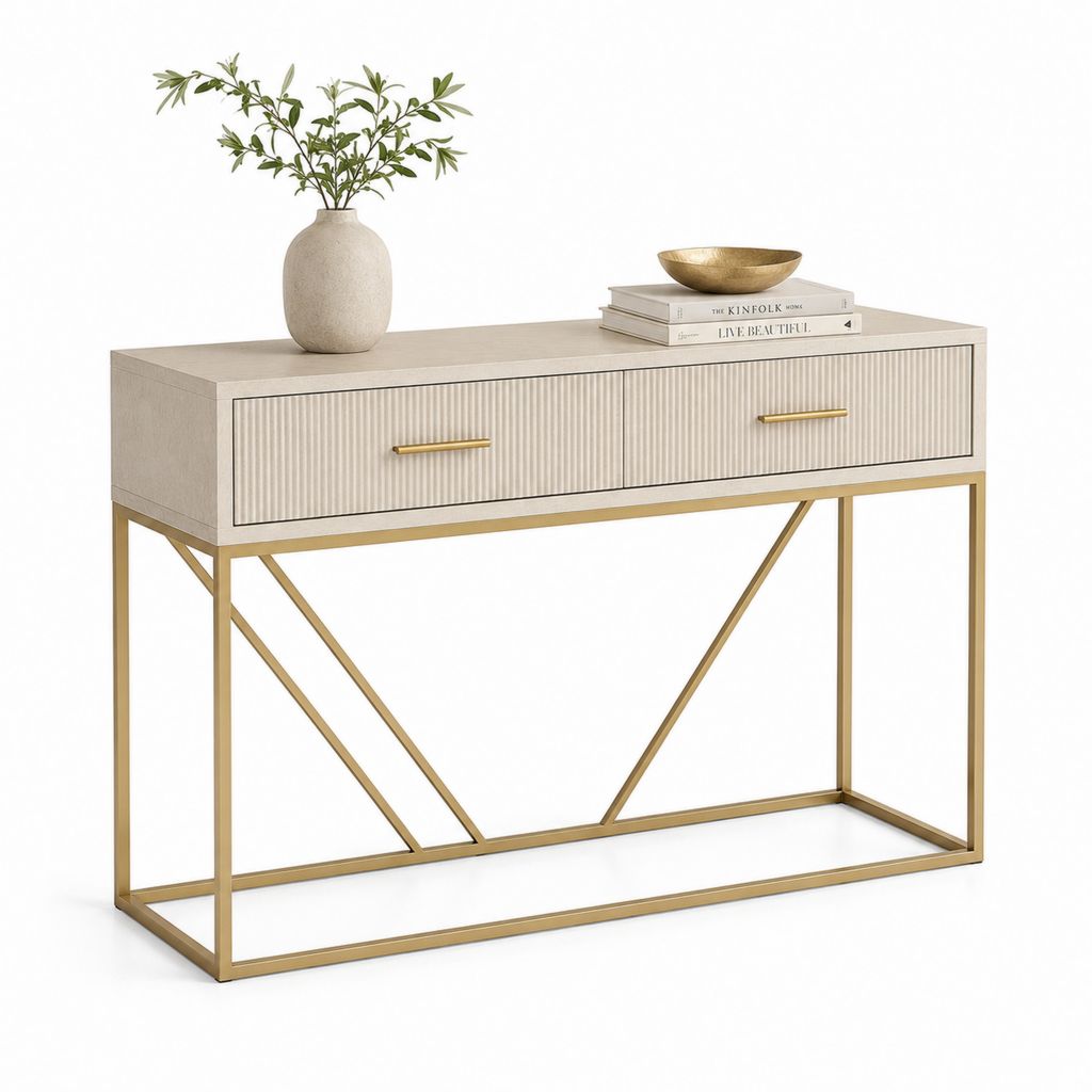 Consolle rettangolare con 2 cassetti in MDF e acciaio, beige e oro, 120 x 35 x 80 cm