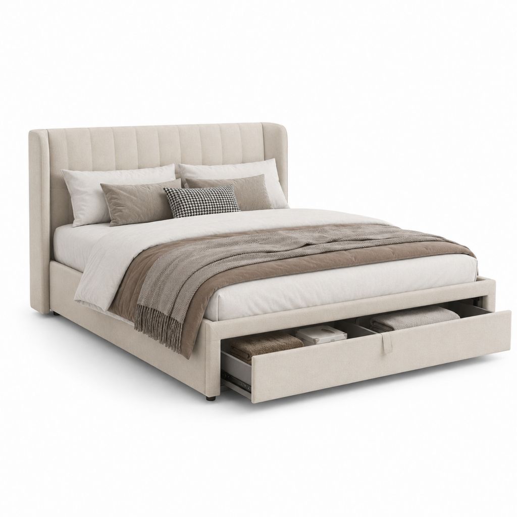 Letto matrimoniale contenitore imbottito in tessuto beige 160 x 200 cm, dimensioni 178 x 220 x 112 cm, con cassetto frontale e testiera