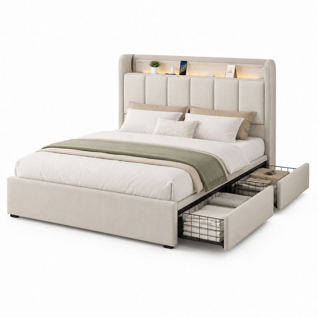 Letto matrimoniale contenitore in tessuto beige e metallo con 4 cassetti, testiera con LED, per materasso 160 x 200 cm, dimensioni 176 x 220 x 120 cm