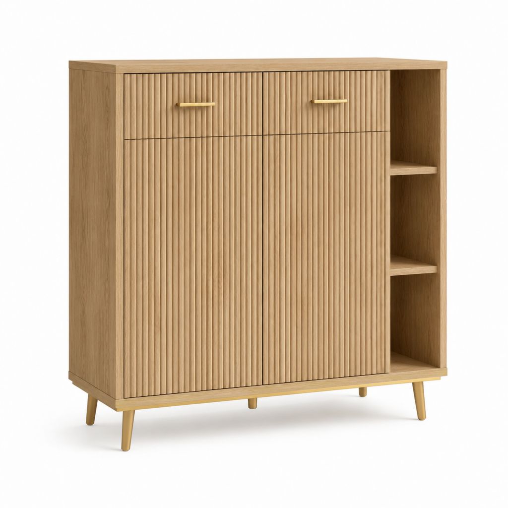 Credenza alta in MDF effetto legno con 2 ante, 2 cassetti e 3 vani aperti, rovere naturale e ottone, 100 x 35 x 110 cm