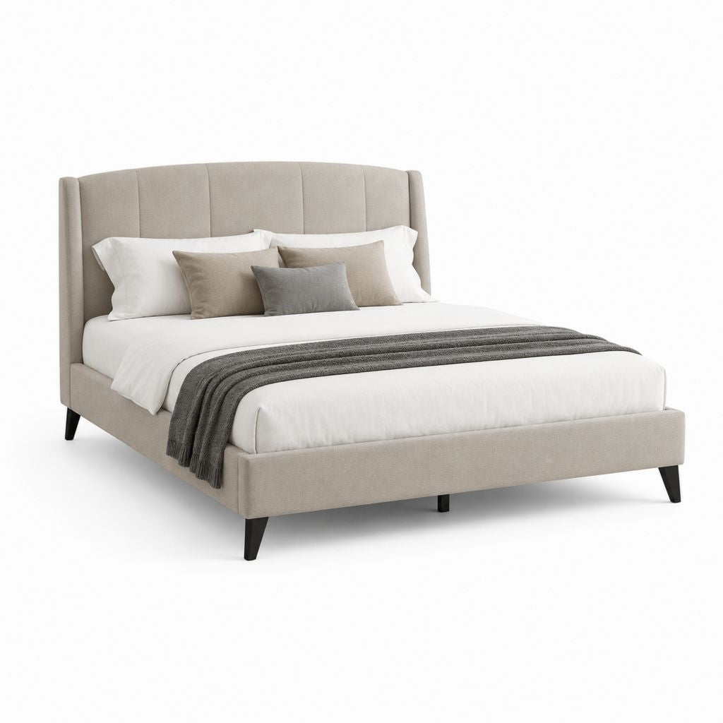 Letto matrimoniale imbottito in tessuto beige 160 x 200 cm con testiera alta e gambe nere