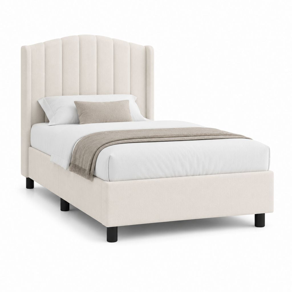 Letto singolo imbottito in poliestere beige con testiera scanalata e rete a doghe, 104 x 215 x 135 cm, per materasso 90 x 200 cm