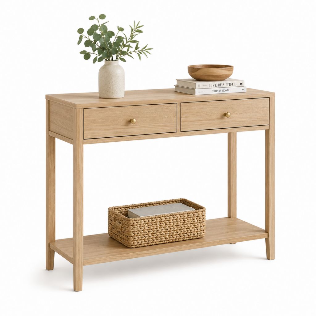 Consolle rettangolare in MDF impiallacciato rovere con 2 cassetti e ripiano, rovere naturale, 100 x 30 x 80 cm