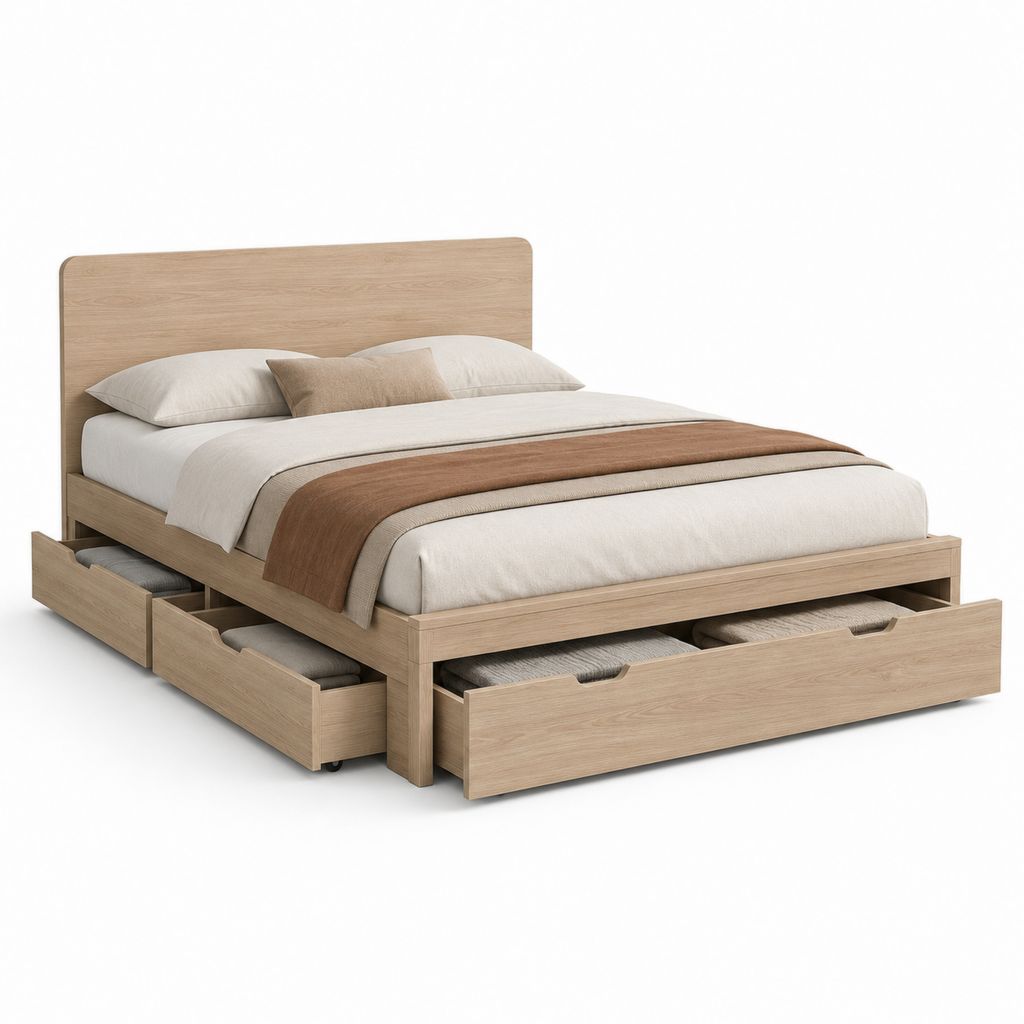 Letto matrimoniale in legno 168 x 214 x 110 cm per materasso 160 x 200 cm, con rete a doghe e 5 cassetti, rovere naturale