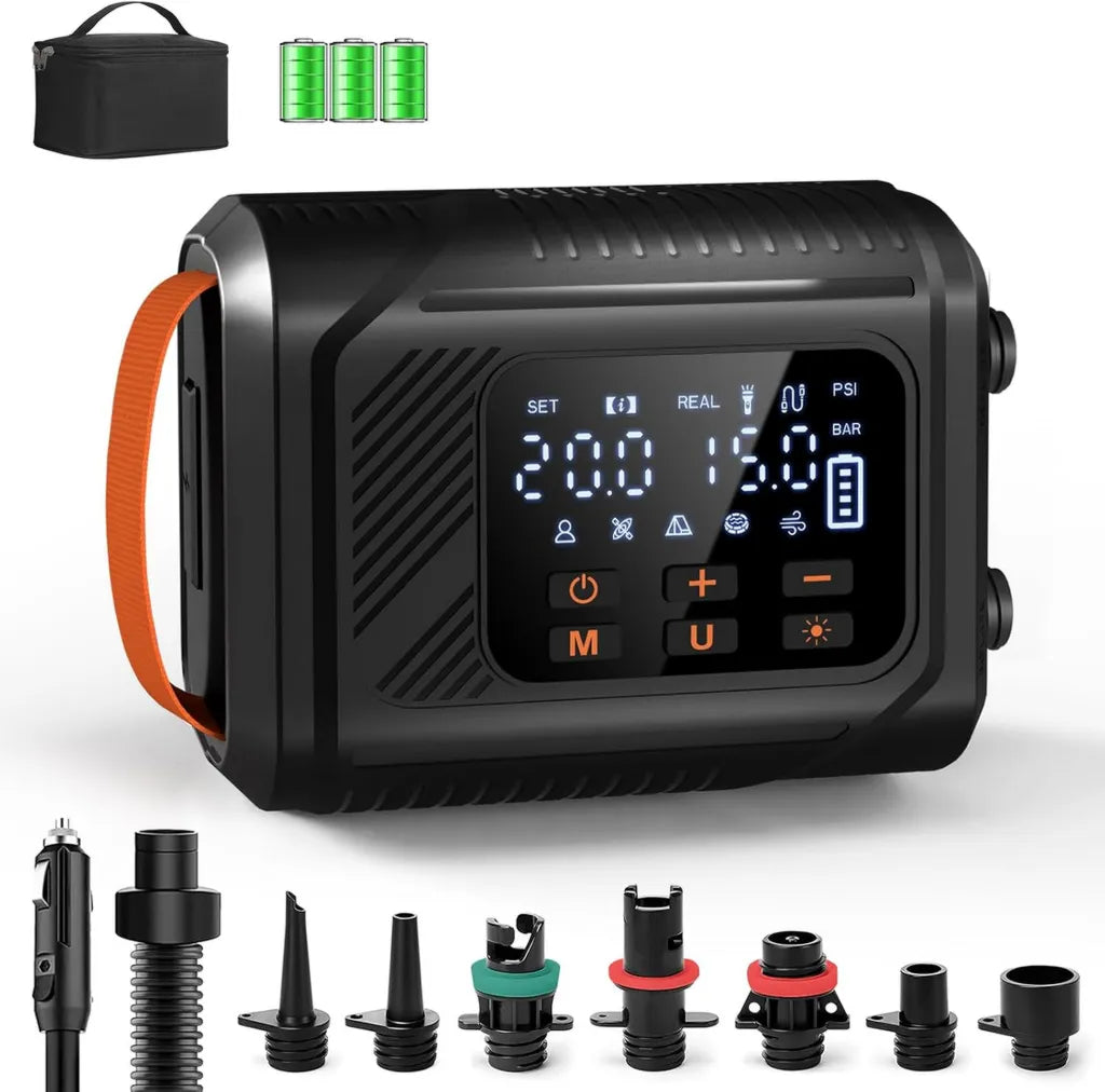 Pompa Elettrica SUP 20 PSI con LED, 5 Modalità Gonfiaggio, Spegnimento Automatico, Ricarica 12V