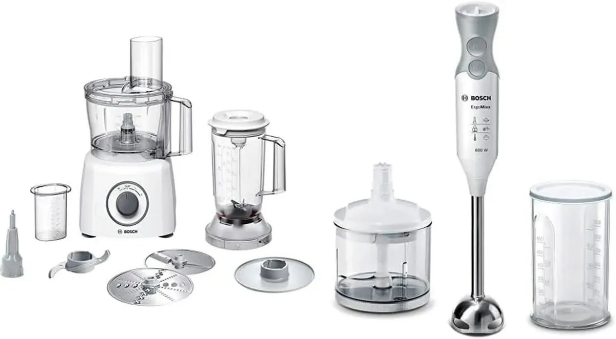 Robot da Cucina Compatto Bosch Multitalent 3 800W con Mixer a Immersione Ergommixx, 12 Velocità, Bianco/Grigio