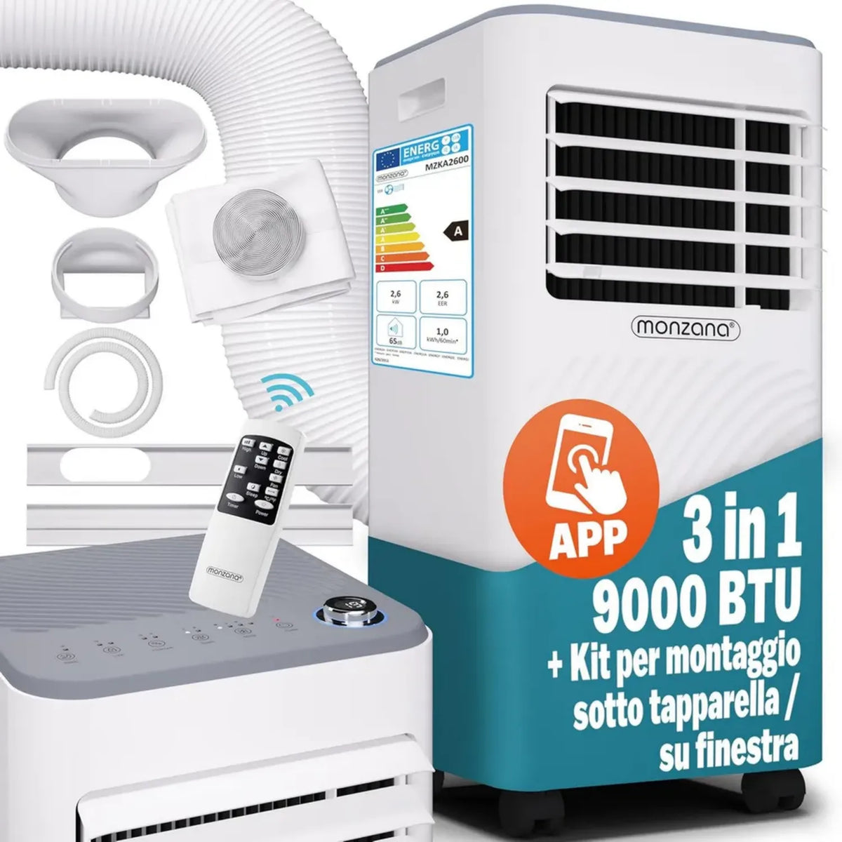 Climatizzatore Portatile Monzana 3in1, 9000BTU, Controllo Alexa, Deumidificatore