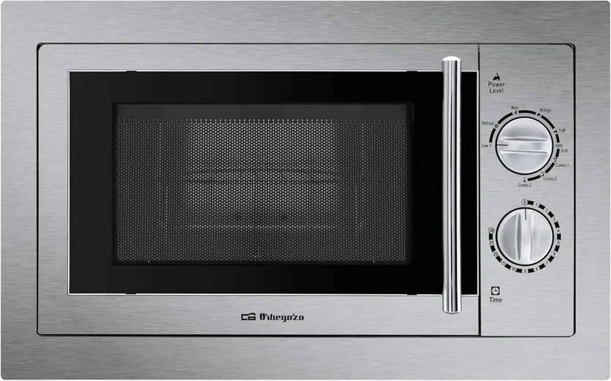 Microonde da Incasso Orbegozo 20L, 800W, Grill 1000W, 9 Livelli, Scongelamento, Timer 30 Minuti, Acciaio Inox