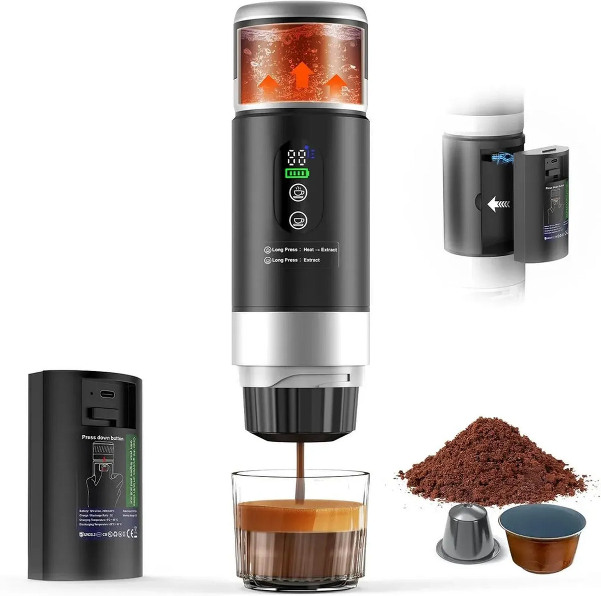 Macchina Caffè Portatile Elettrica 3 in 1 con Batteria Rimovibile e Riscaldamento Rapido