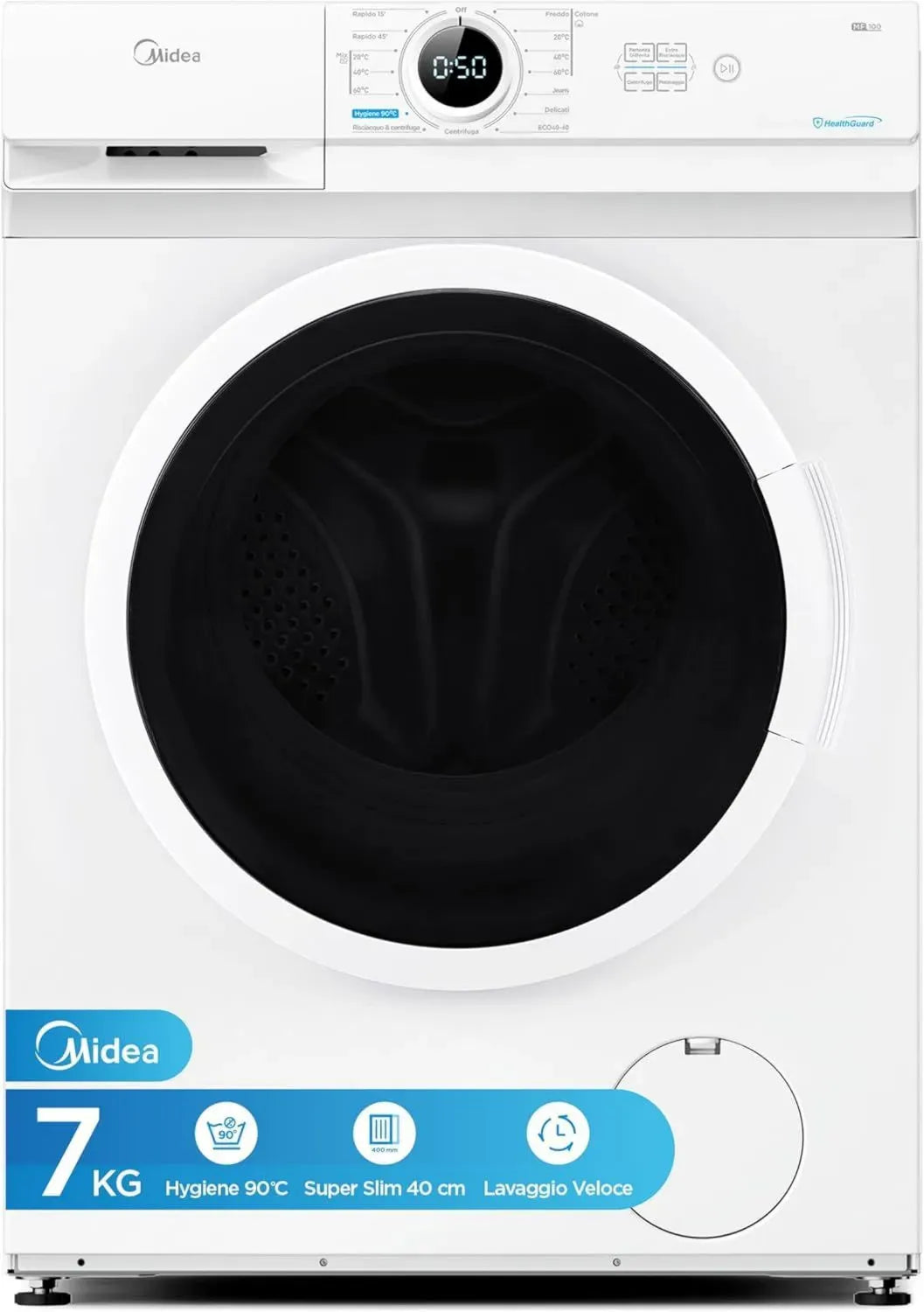 Lavatrice Slim Midea 7 Kg 1200 Giri, Programmi Multipli, Bianco