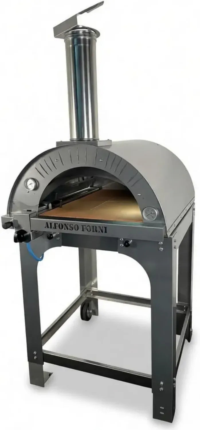 Forno Combinato a Legna e Gas Alfonso per 4 Pizze, Tetto Inox e Carrello Mobile, Dotato di 2 Pirometri e Porta Chiudibile - GPL