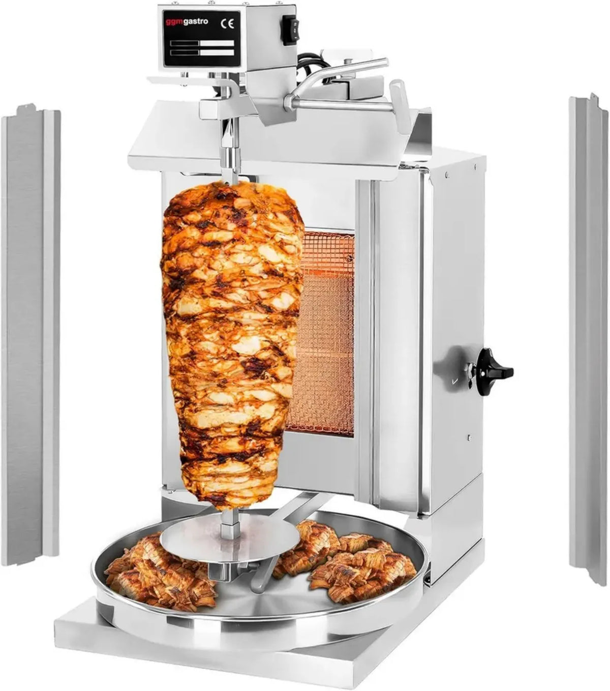 Griglia Kebab GGM Gastro con Bruciatore Singolo, Capacità 5 kg, Potenza 3.25 kW, Spiedo Regolabile 44.5 cm, Serbatoio Olio, Doppie Porte