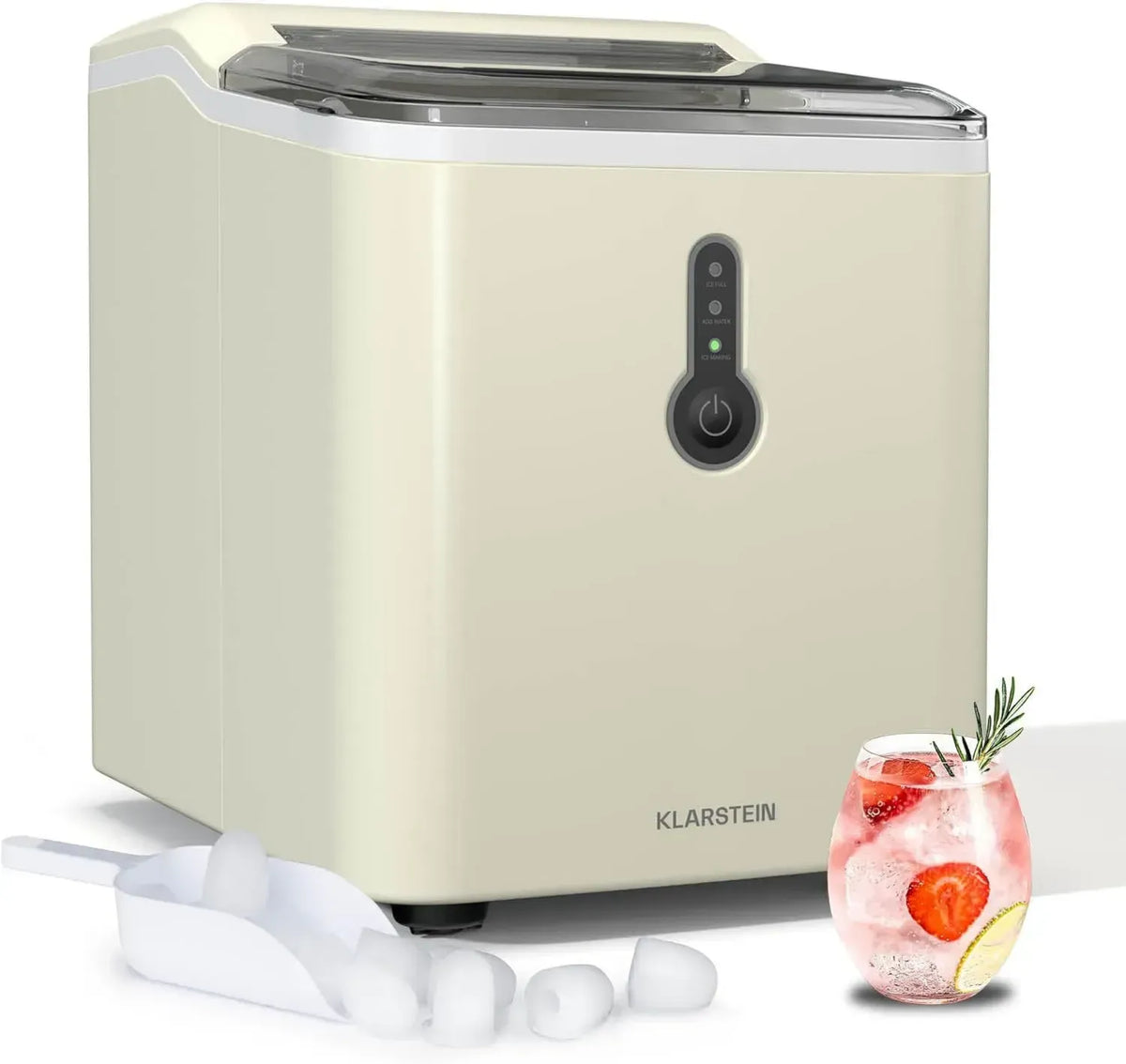 Klarstein - Fabbricatore di Ghiaccio Portatile 12kg/24h, Ciclo Veloce 8 Min, Serbatoio 1.5L, LED e Coperchio Trasparente, Paletta Inclusa