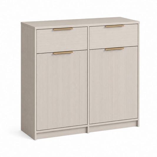 Credenza alta beige e oro in MDF e legno con 2 cassetti e 2 ante, 120 x 40 x 110 cm