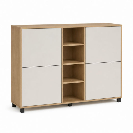 Credenza contenitore rettangolare in truciolare melaminico con 4 ante e 4 vani, rovere naturale e beige, 140 x 40 x 100 cm