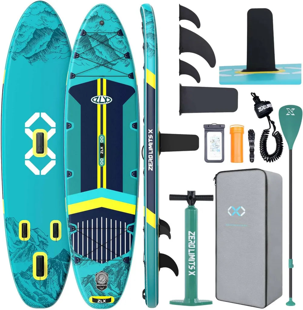 ZLX SUP Gonfiabile 11'6 per Adulti e Ragazzi, Extra Larga con Pinna Brevettata, Tavola Antiscivolo, Pompa Manuale, Borsa Trasporto e Pagaia Regolabile
