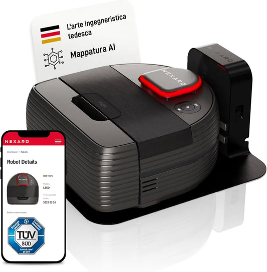 Robot aspirapolvere NR 1500 con filtro HEPA e autonomia 250 min, certificato TÜV, ideale per superfici fino a 400m²