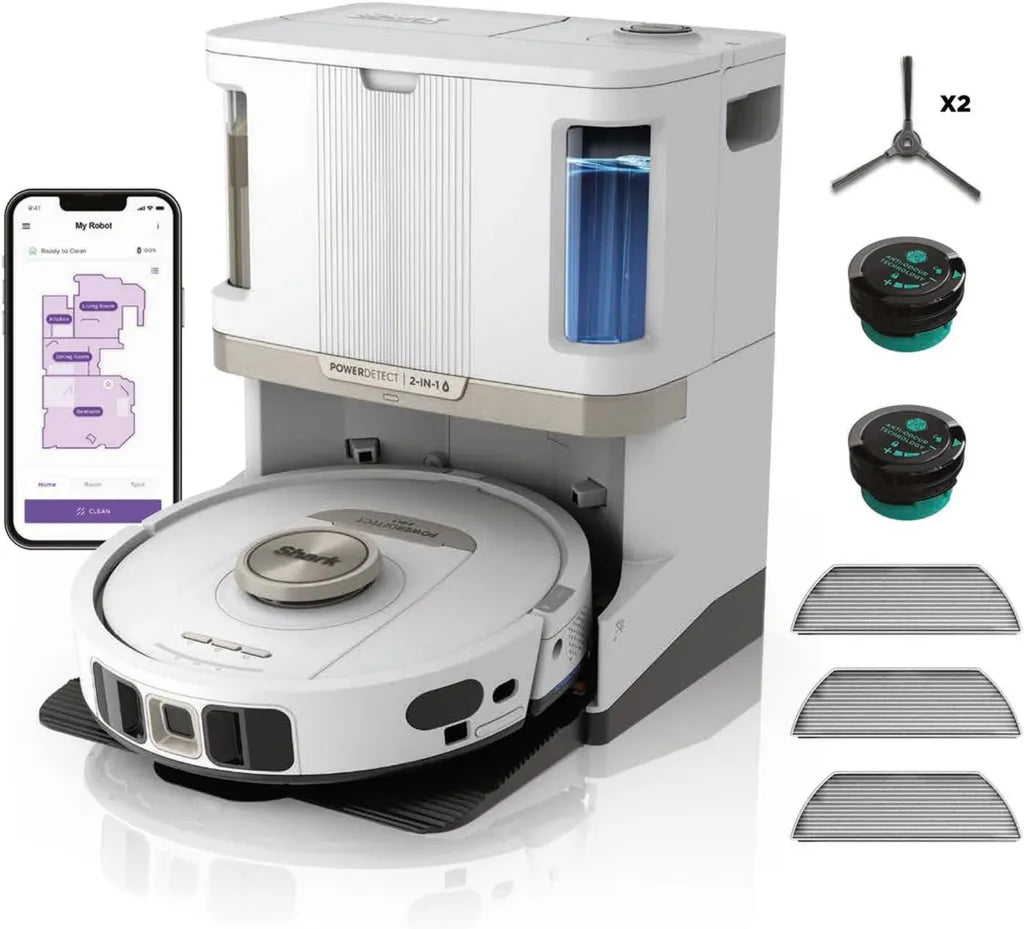 Robot Aspirapolvere Shark 2 in 1 con Autosvuotamento e Autopulizia, Navigazione LiDAR 3D, WiFi/App, Bianco