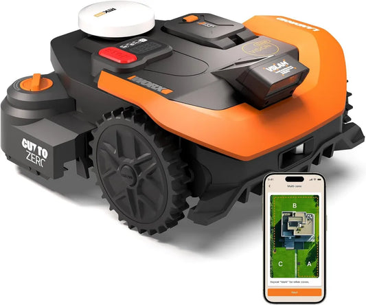 WORX Landroid Vision Cloud WR318E - Robot tagliaerba 2WD senza filo per 1800 m² con modulo Cut to Zero (Rilevamento Ostacoli AI, Navigazione VSLAM+RTK Cloud, Mappatura Automatica, Controllo App)