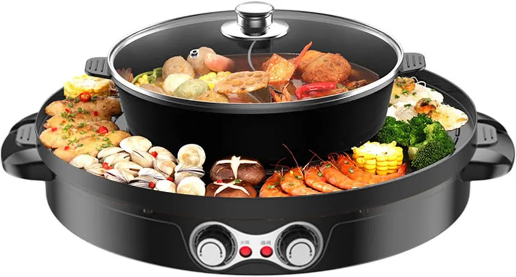 Griglia Elettrica 2200W per Fonduta con Padella Divisoria, Termostato Regolabile, Antiaderente, Perfetta per Casa e Feste