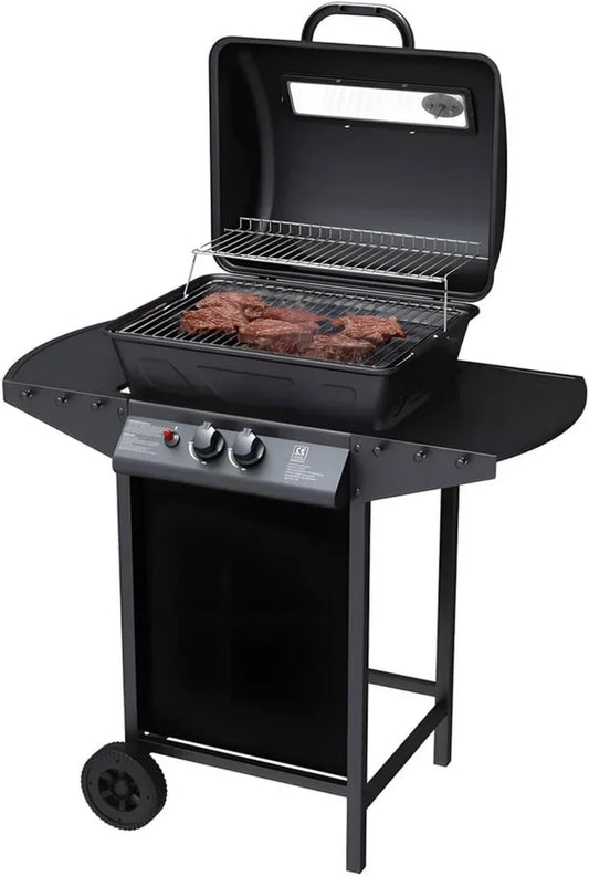 Griglia a Gas 2 Bruciatori John – BBQ da Giardino in Acciaio Opaco Nero con Griglia in Acciaio Inox, Termometro, Coperchio, Ruote e Accensione Piezoelettrica