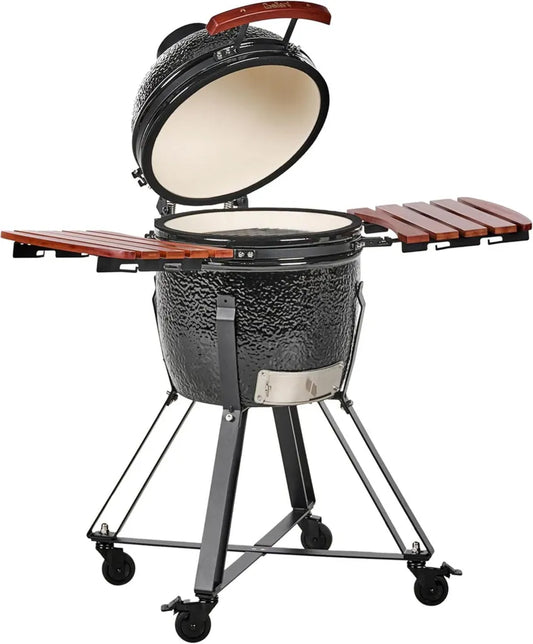 Griglia in Ceramica per Barbecue Esterno a Carbone con Coperchio Nero