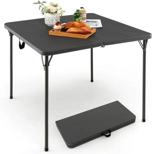 KOMFOTTEU Tavolo da Campeggio Pieghevole, Portatile e Compatto, con Cinghie di Trasporto, in HDPE e Acciaio, Ideale per Barbecue ed Esterni, Capacità 100 kg, Colore Grigio