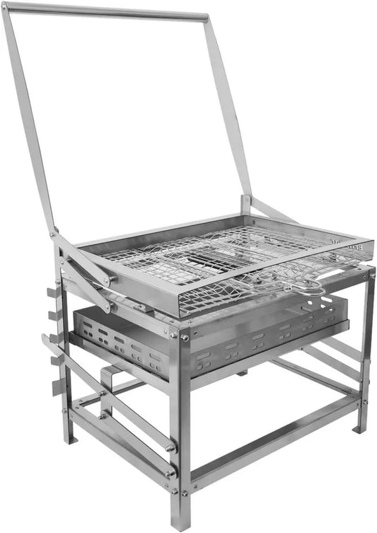 Barbecue a Carbonella Portatile con Altezza Regolabile e Ripiani Multipli