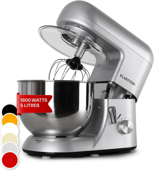 Klarstein Impastatrice Planetaria 5L 2000W, Robot da Cucina Professionale per Pizza e Dolci, 6 Velocità con Gancio e Frusta