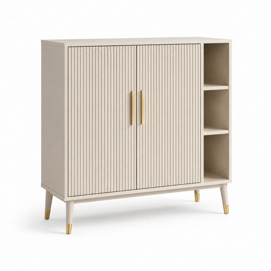 Credenza alta rettangolare a 2 ante in MDF e truciolare con 3 vani aperti, beige e ottone, 110 x 40 x 105 cm