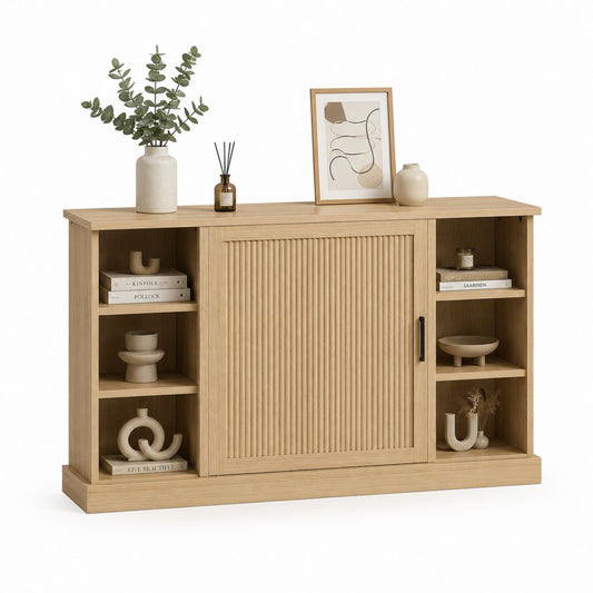 Credenza rettangolare in legno con anta scorrevole scanalata e 6 vani, rovere naturale e nero, 160 x 40 x 100 cm