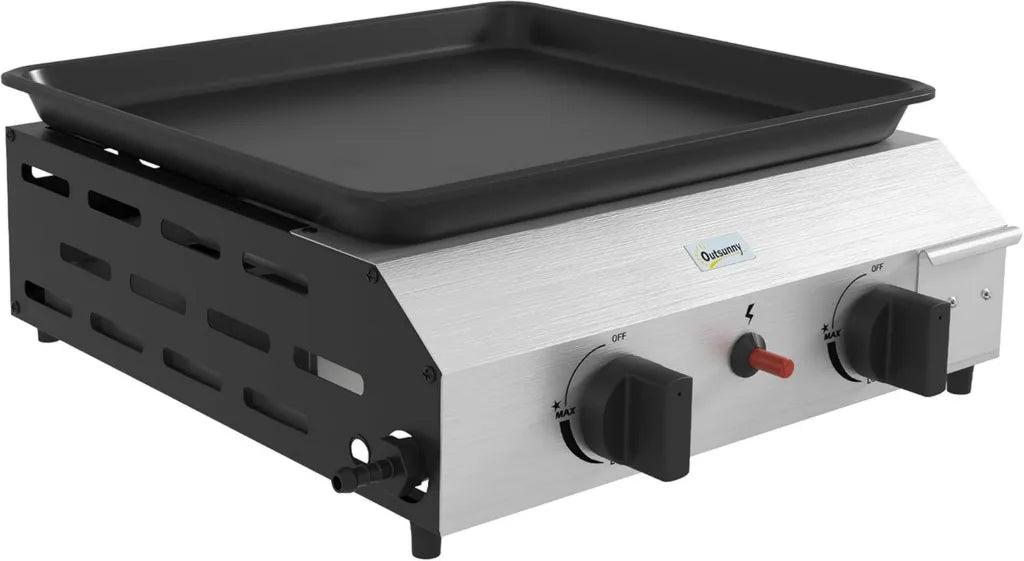 Griglia a Gas Portatile in Acciaio con 2 Bruciatori, Piastra Smaltata 2.4kW, Regolatore e Vassoio Raccogli Grasso