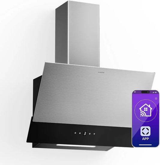 Cappa Cucina Klarstein 60cm - Design Inclinato, Touchscreen, Efficiente A++, LED, Filtri Carbone e Alluminio, Ultra Silenziosa