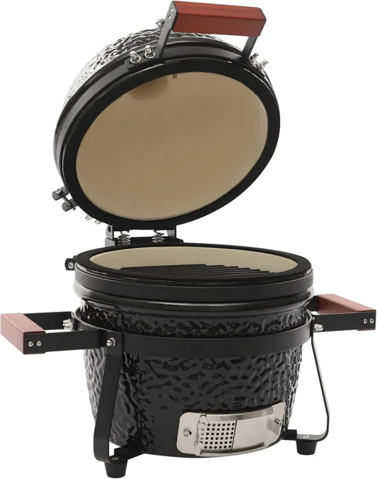 Griglia Kamado in ceramica da 32 cm, barbecue a carbonella con termometro e manici in legno
