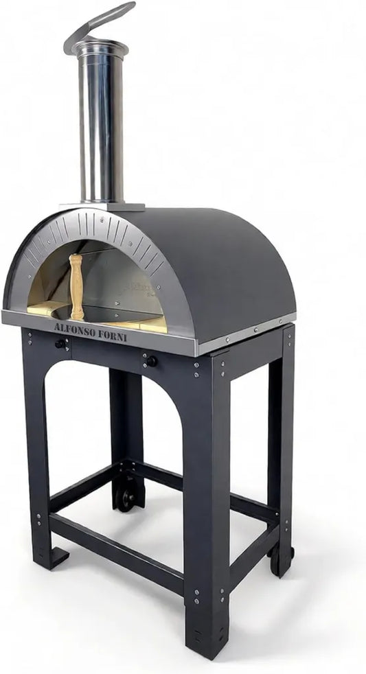 Forno a Legna da Esterno per Pizza e Pane, Modello Alfonso, Carrello Antracite, Mattoni Refrattari, Porta in Acciaio Inox, Pirometro fino a 500°C, Produzione Italiana