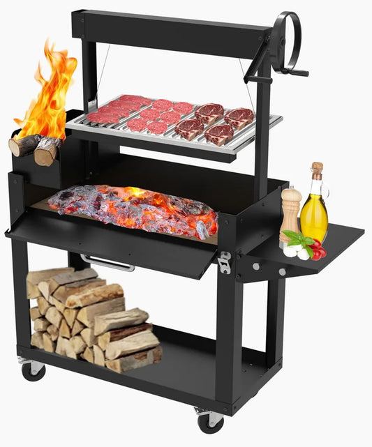 Griglia Barbecue a Carbone con Altezza Regolabile e Ripiano Pieghevole