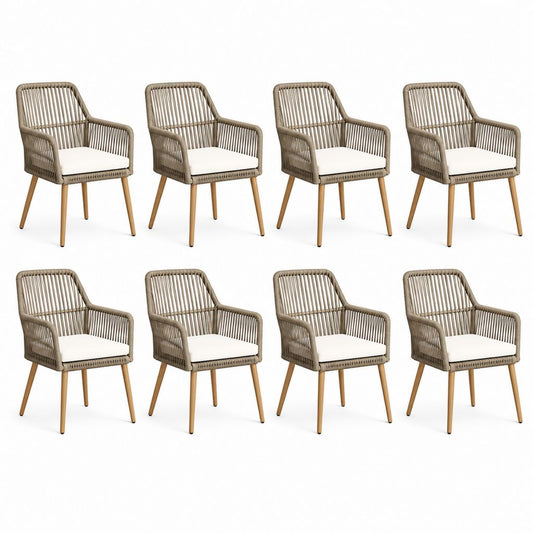 Set di 8 sedie da giardino con braccioli in corda PE e acciaio, cuscini beige, 57 x 61 x 84 cm