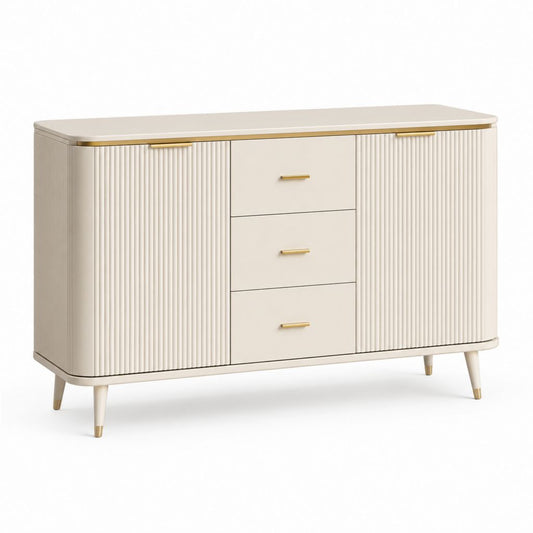 Credenza rettangolare in MDF beige e oro con 2 ante e 3 cassetti, 140 × 40 × 85 cm