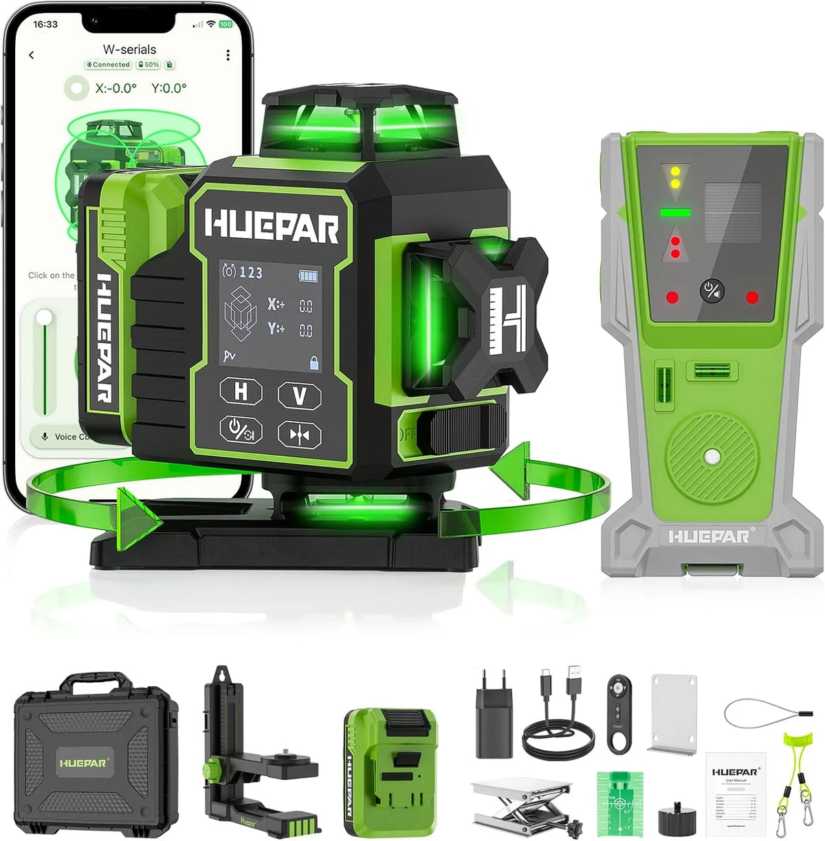 Livella laser e laser a linee incrociate – W04CG, autolivellante, girevole, con telecomando, connettività Bluetooth, per la manutenzione dell'auto