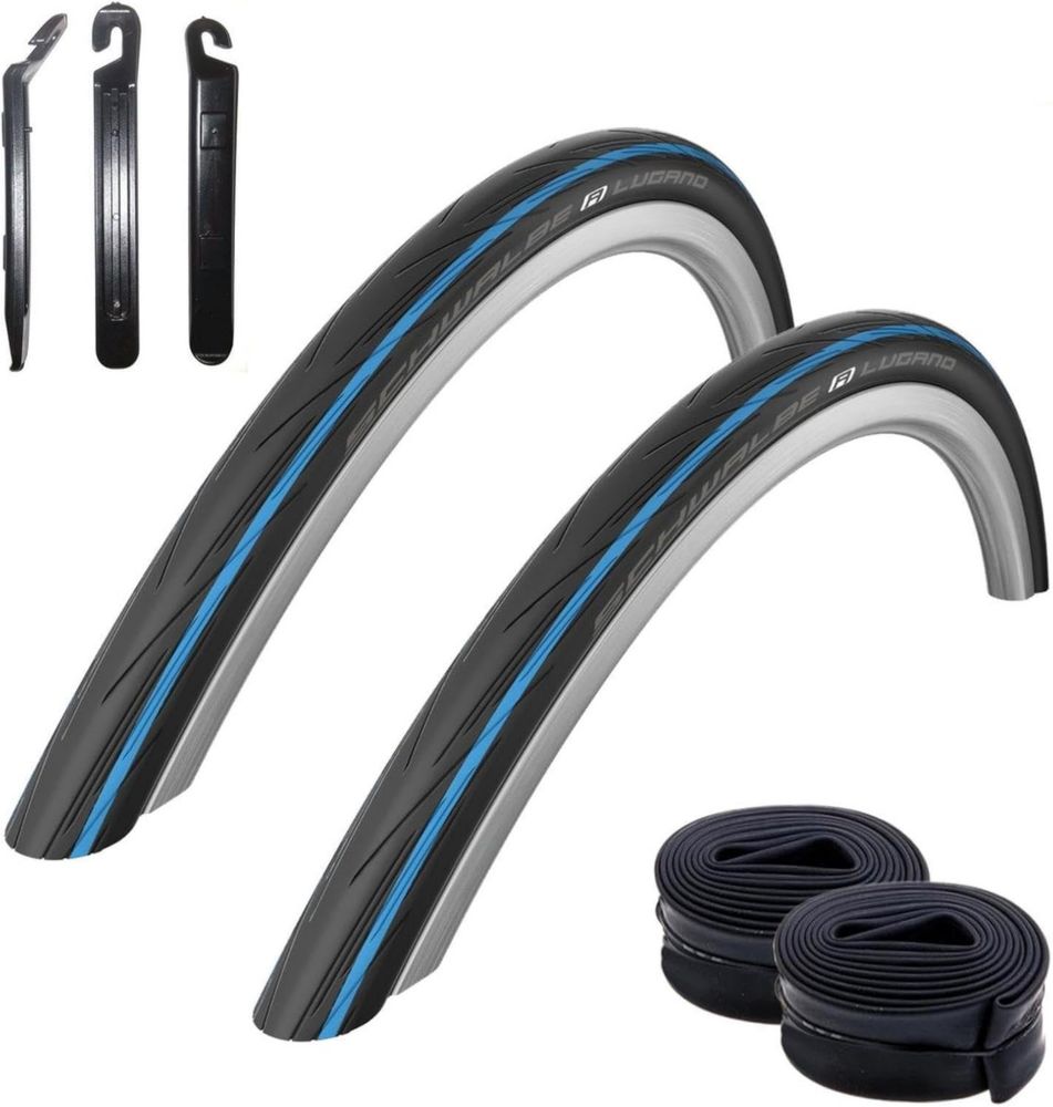 Set di Pneumatici e Camere d'Aria Schwalbe Lugano 28'' con Strisce Blu e Leve Incluse