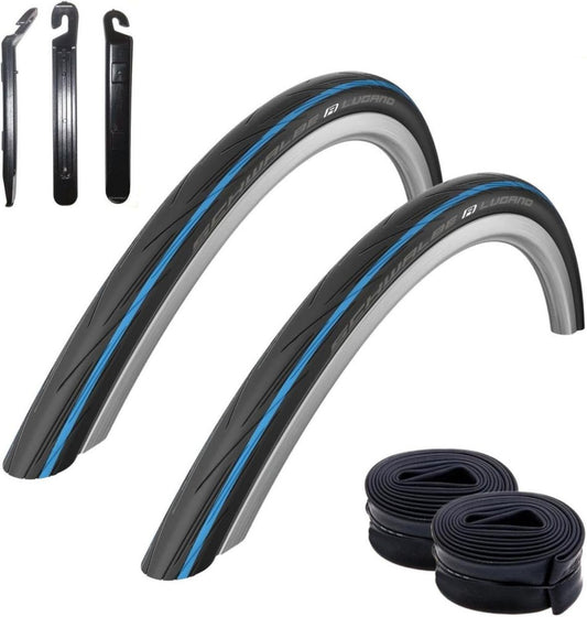 Set di Pneumatici e Camere d'Aria Schwalbe Lugano 28'' con Strisce Blu e Leve Incluse