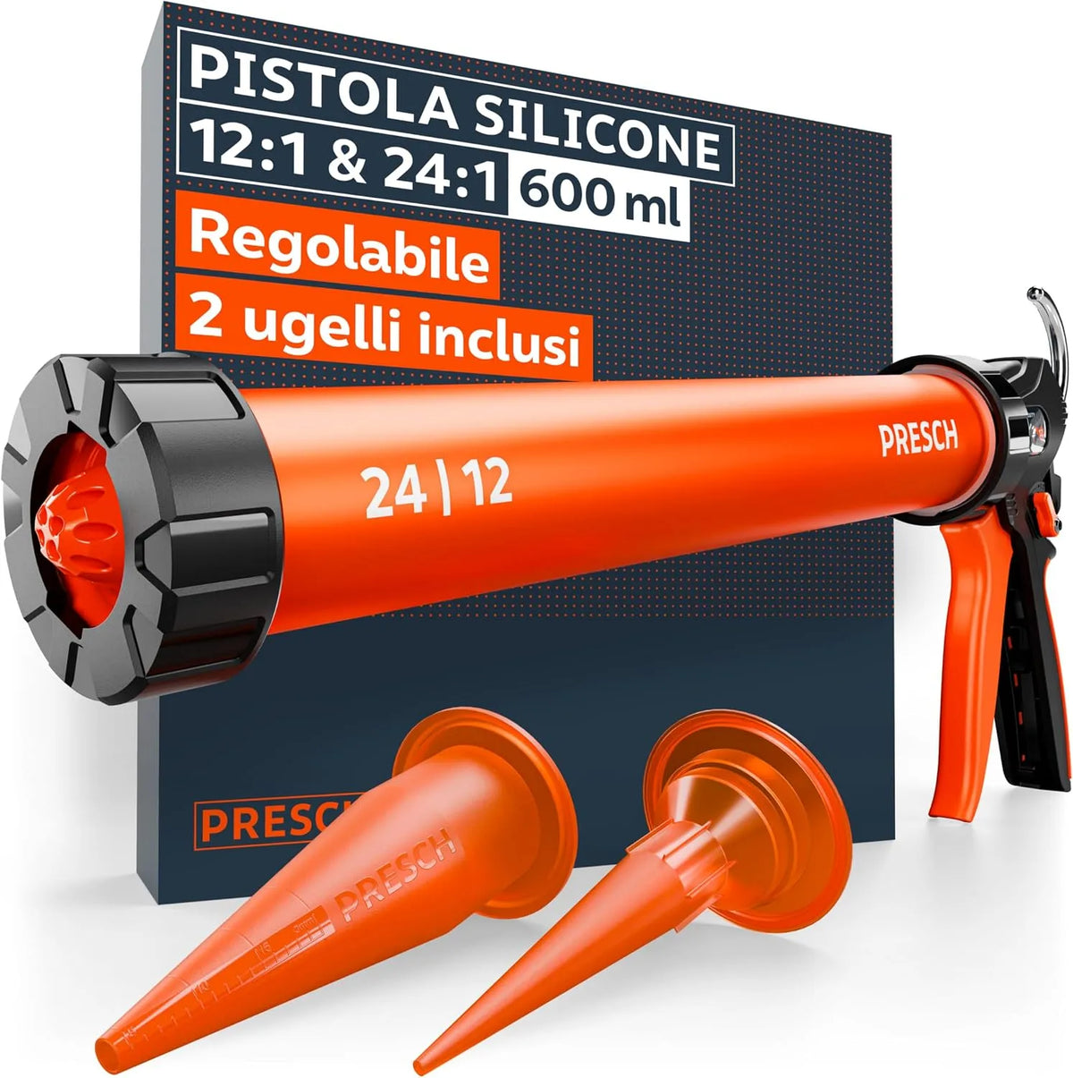 Presch Pistola Silicone 600ml con 2 ugelli: in silicone, con scivolo, girevole