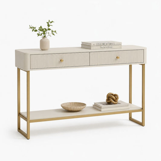 Consolle rettangolare da ingresso in MDF e acciaio con 2 cassetti e ripiano, beige chiaro e oro, 120 × 35 × 80 cm