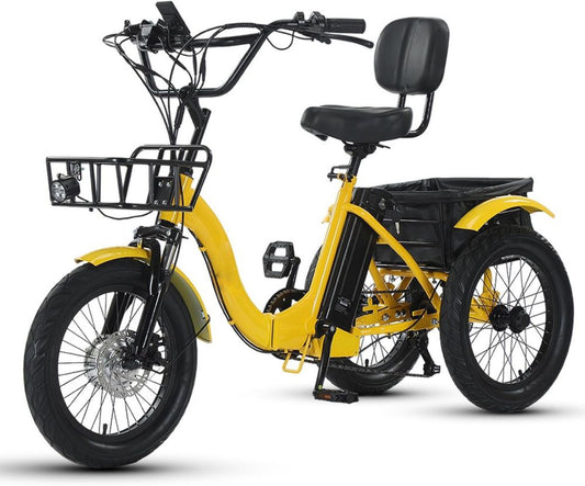 Triciclo Elettrico Pieghevole 18 Pollici per Adulti con Cestino e Pneumatici Larghi, Portata 30 kg