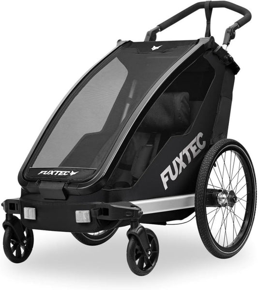 Carrello Bici per Bambini 1 Posto FUXTEC FX-FA1S, Nero, con Cintura di Sicurezza, Parasole e Parapioggia
